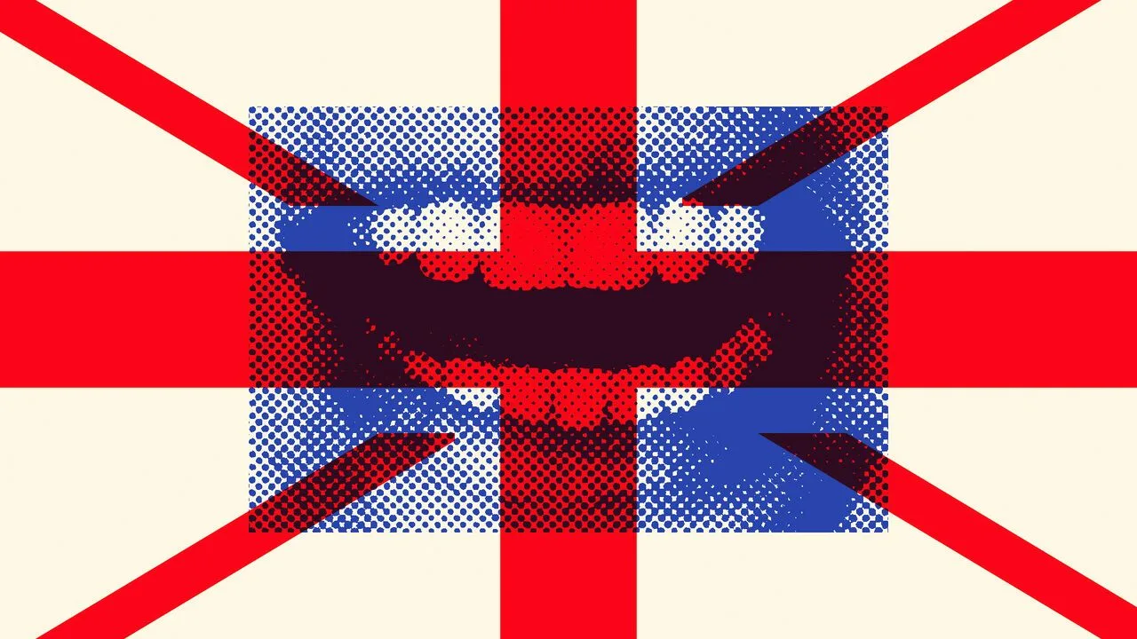 Photomontage of a mouth with the red cross of the British flag over it