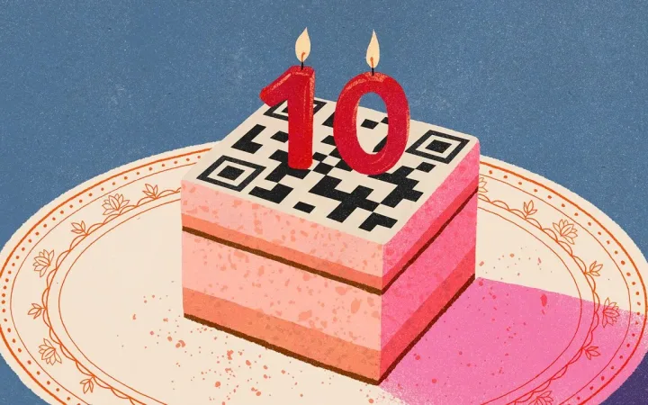 Illustration showing a birthday cake topped with a QR code and candles forming the number 10