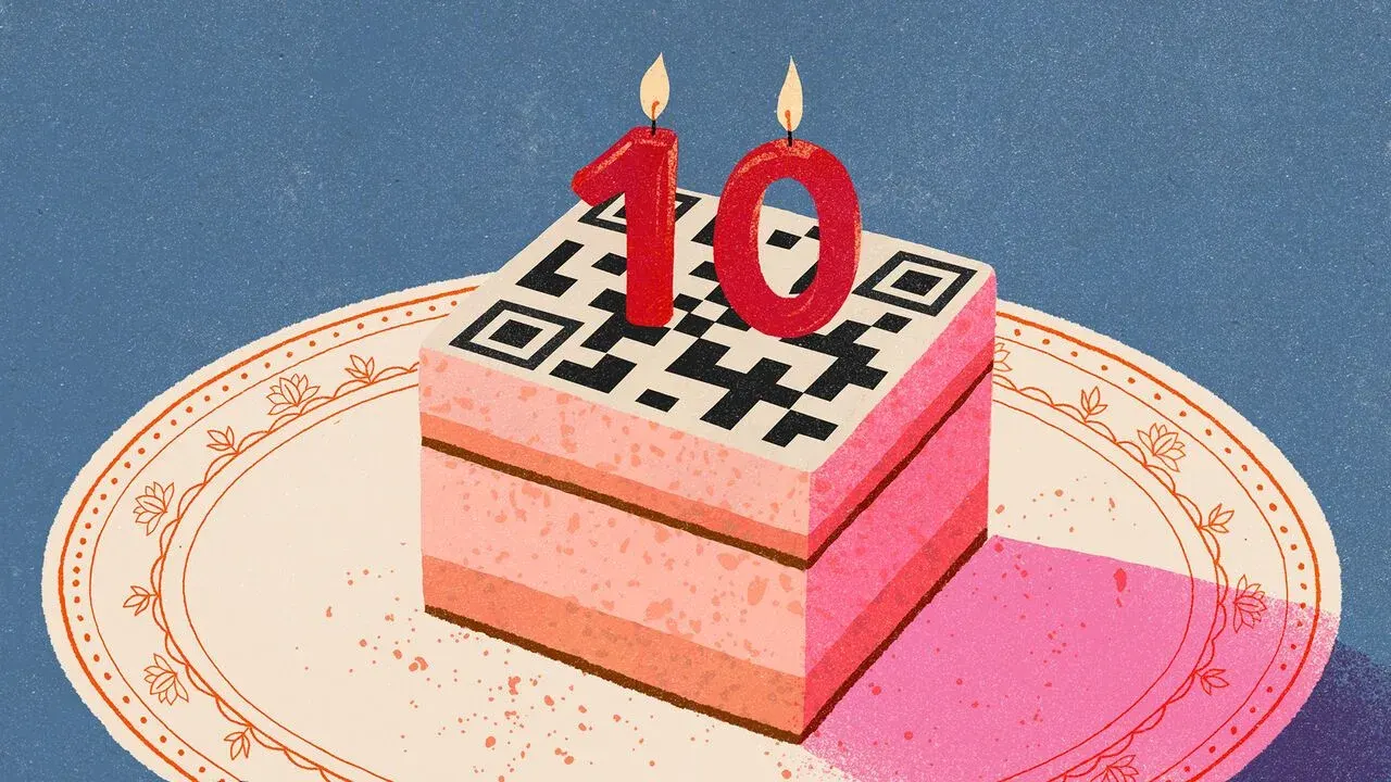 Illustration showing a birthday cake topped with a QR code and candles forming the number 10, marking UPI's tenth anniversary