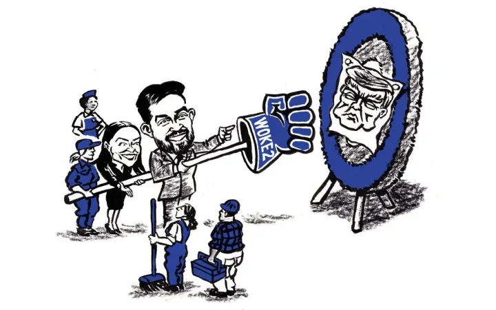Illustration of Alexandra Ocasio-Cortez and Zohran Mamdani holding a boxing glove aimed at a Donald Trump target portrait.