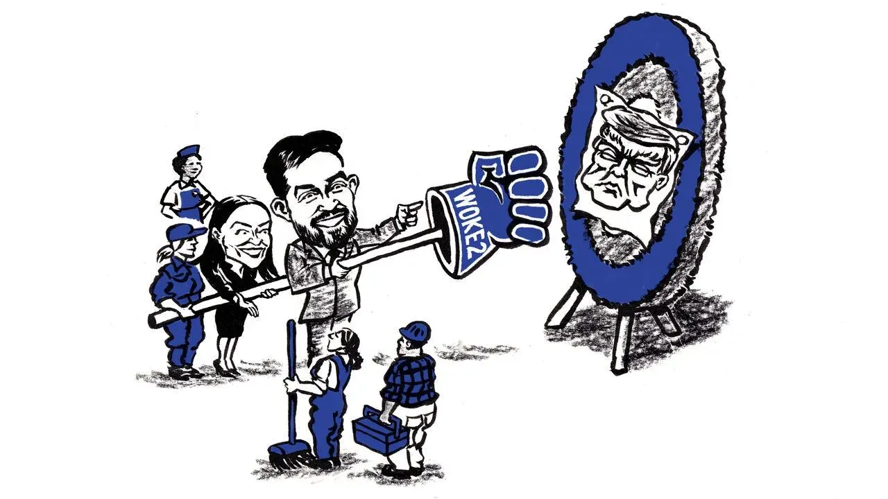 Illustration of Alexandra Ocasio-Cortez and Zohran Mamdani holding a boxing glove aimed at a Donald Trump target portrait, symbolising the left's shift from identity politics to class politics