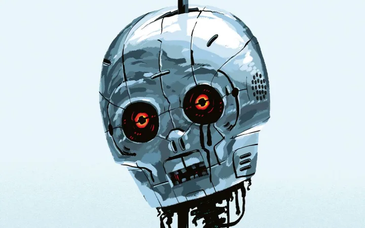 Metallic robot skull with glowing red eyes mounted on a pole, symbolising AI danger.