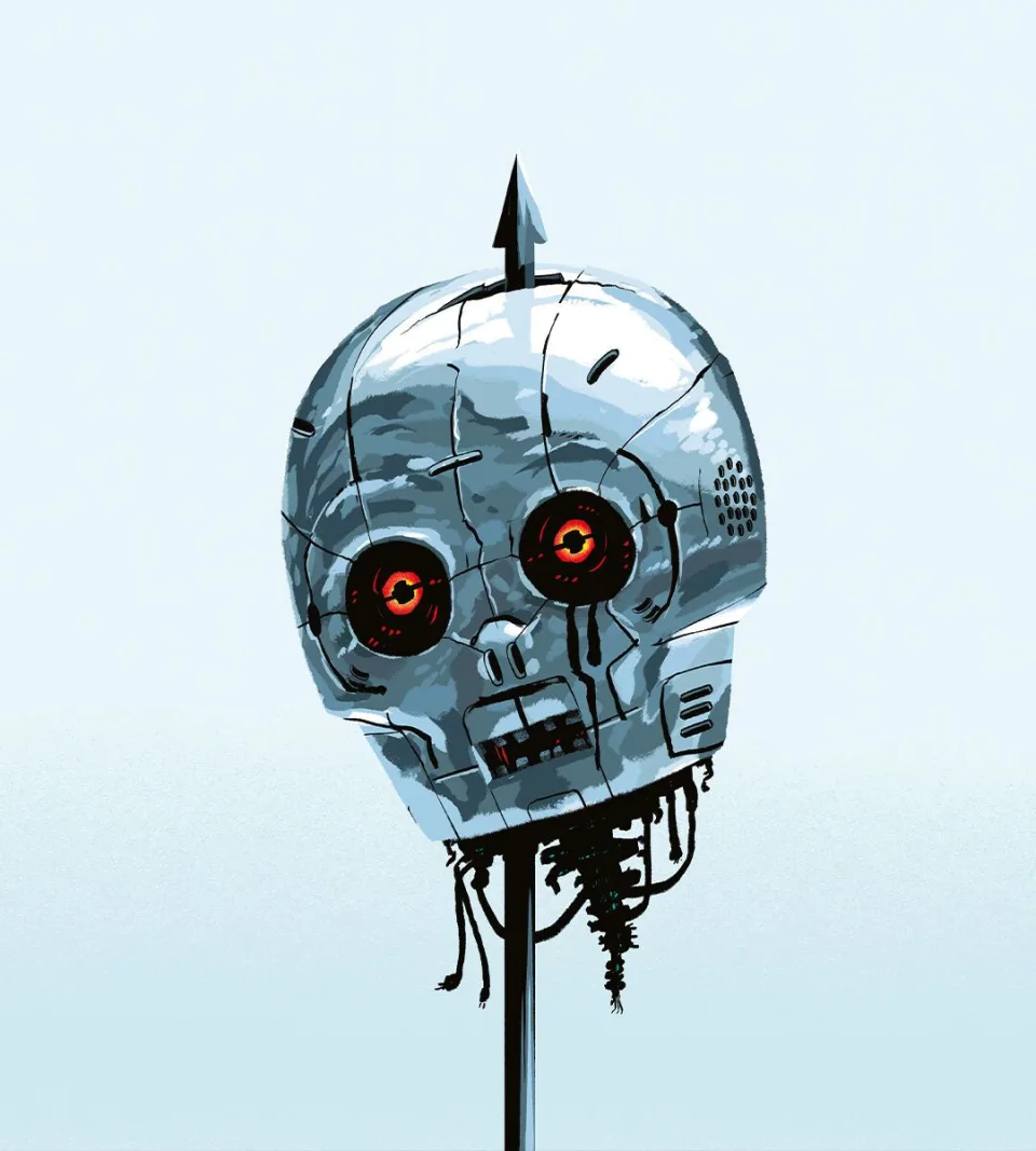 Metallic robot skull with glowing red eyes mounted on a pole, symbolising AI danger.