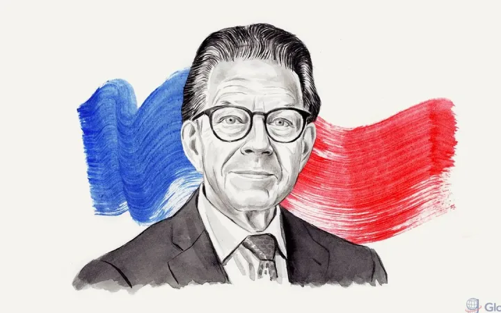 Illustrated portrait of Al Franken against a red and blue brushstroke background.