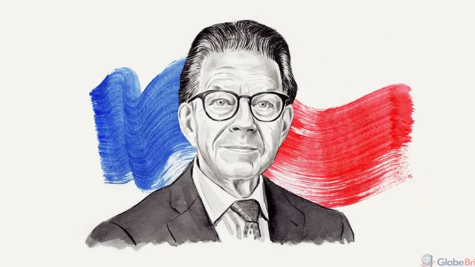 Illustrated portrait against a red and blue brushstroke background.