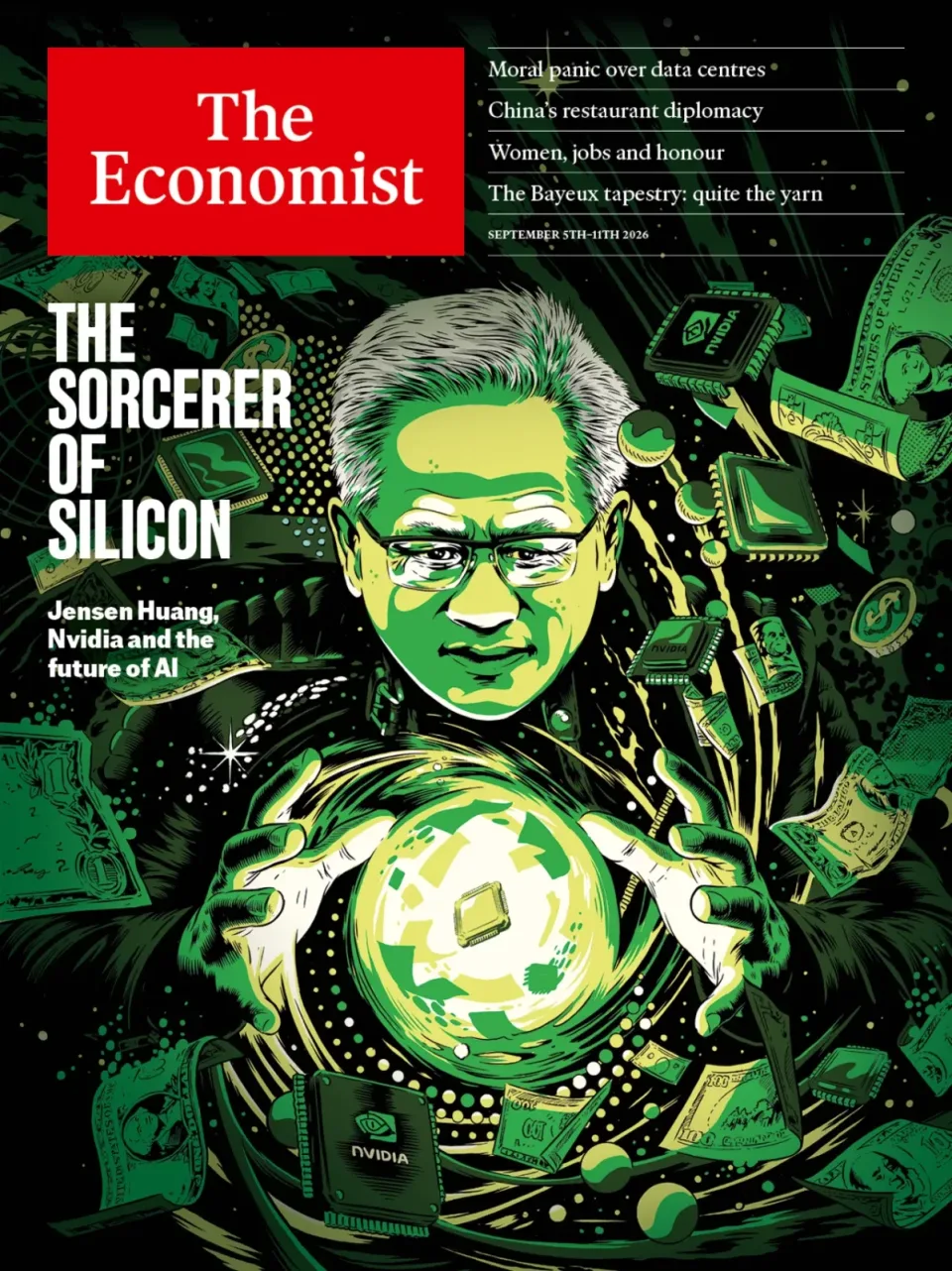 Jensen Huang, Nvidia chief, glows with AI circuitry on The Economist cover, 'The Sorcerer of Silicon.'