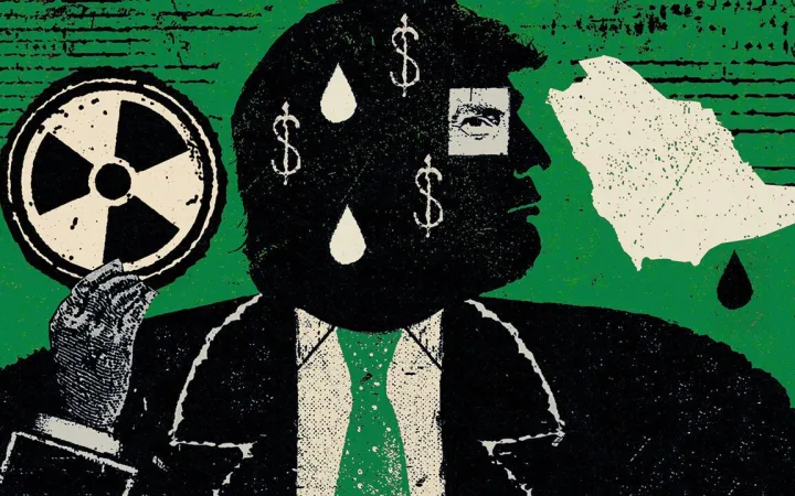 Illustration of Donald Trump holding a nuclear symbol on a green background.