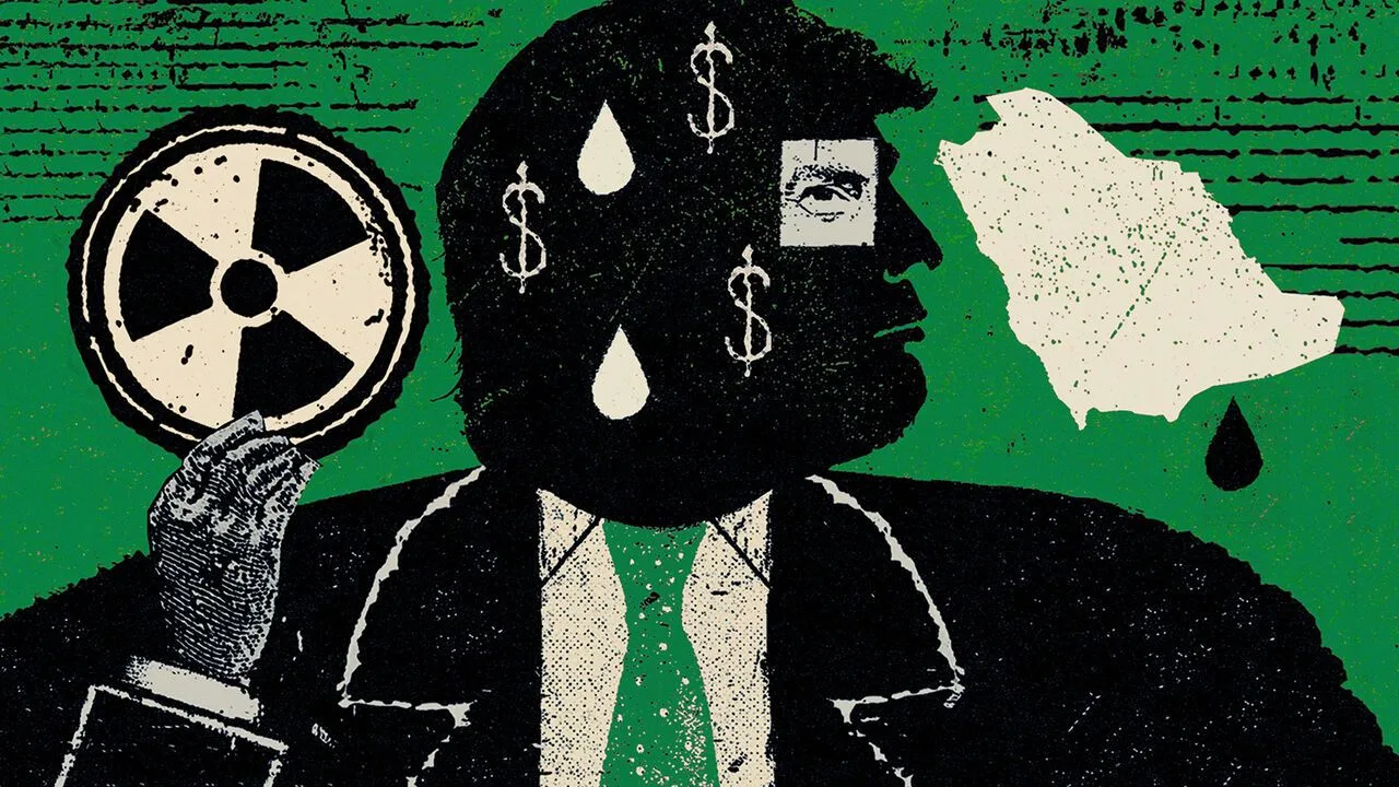 Illustration of Donald Trump holding a nuclear symbol on a green background.