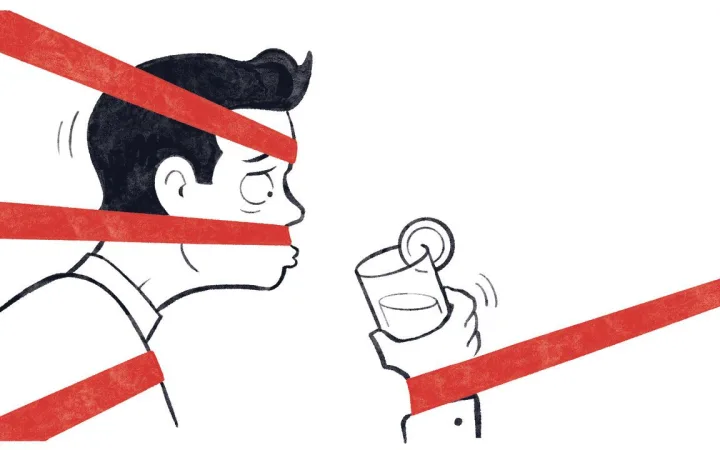 illustration of a worried person wrapped in red tape, struggling to drink from a glass