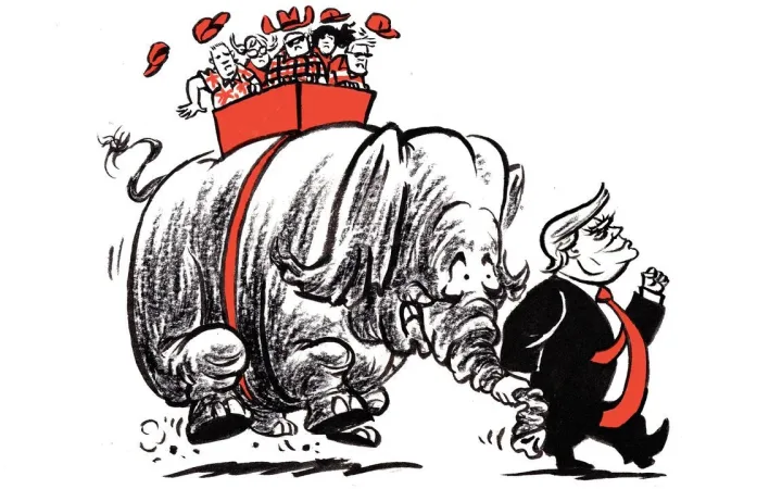 Satirical drawing of Donald Trump seizing a charging elephant's trunk while riders cling to its back
