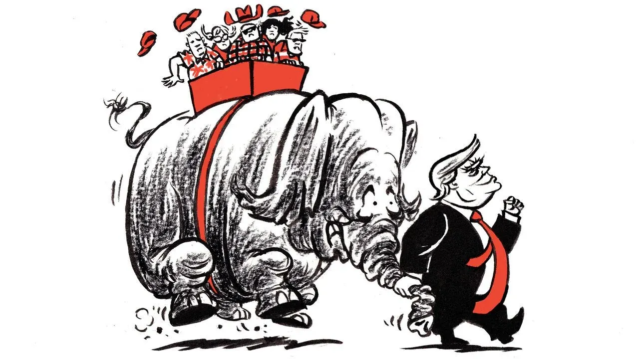 Satirical drawing of Donald Trump seizing a charging elephant's trunk while riders cling to its back