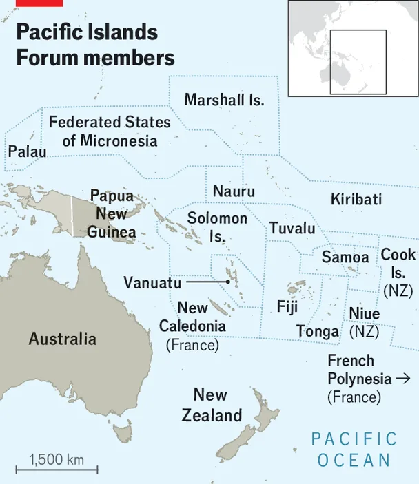 Map illustration of the Pacific region showing Pacific Islands Forum members and states that recognise Taiwan