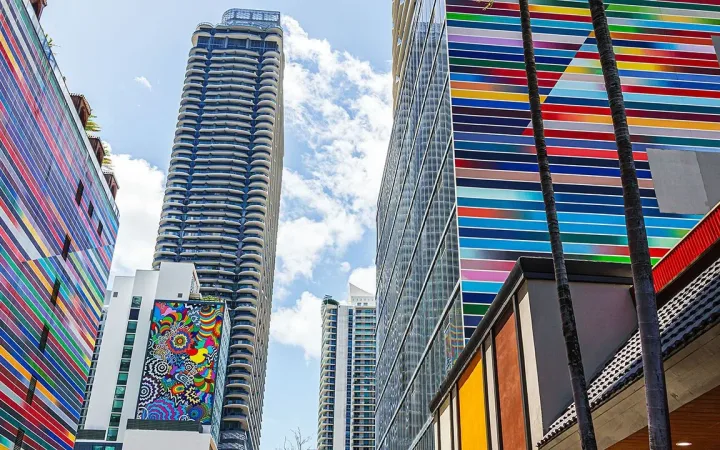 Fabian Burgos mural colorful stripes, Brickell Flatiron Condominiums and SLS Lux Brickell tower in the Brickell Financial District, Miami, Florida.