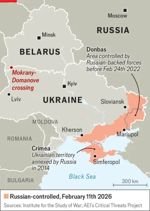 Map showing the Mokrany-Domanove border crossing between Belarus and Ukraine, near Poland