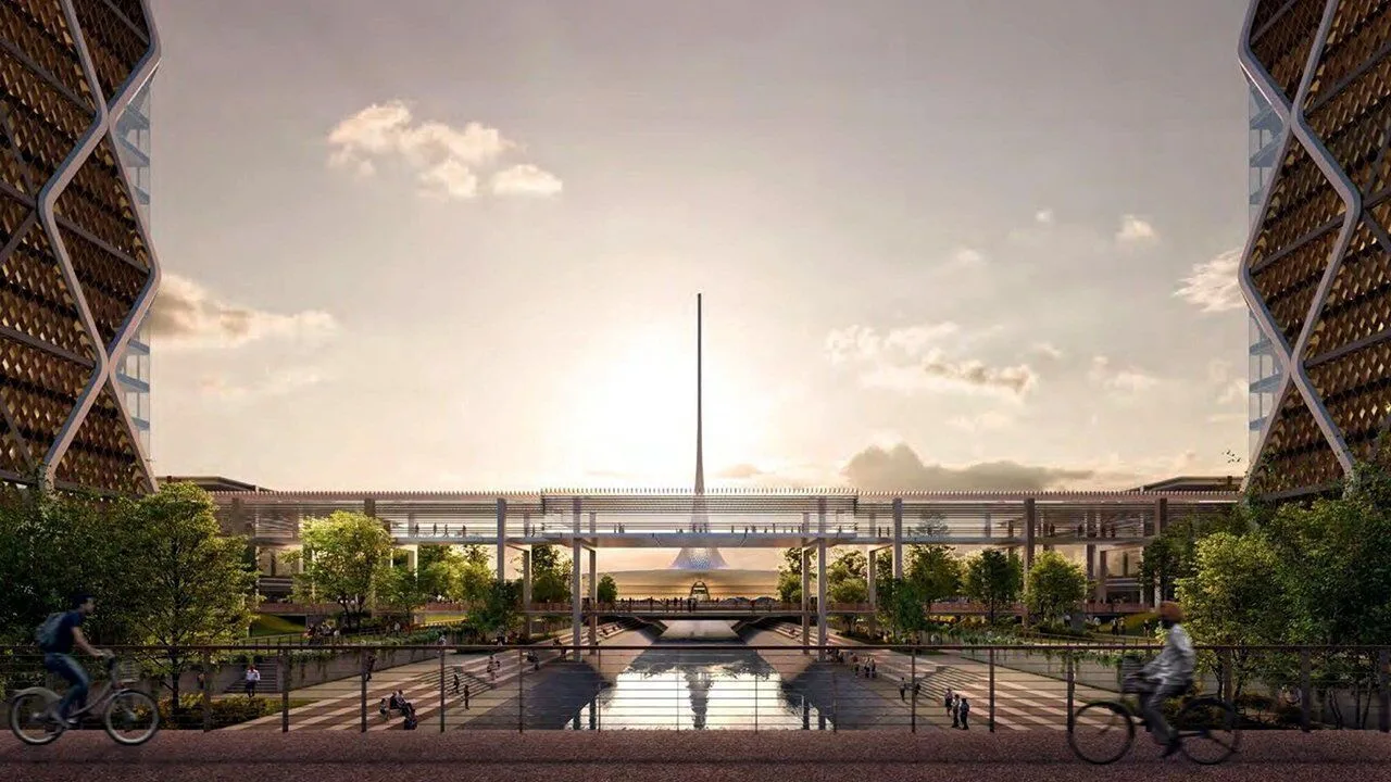 Architectural rendering of a grand, tree-lined boulevard leading to a towering central monument.