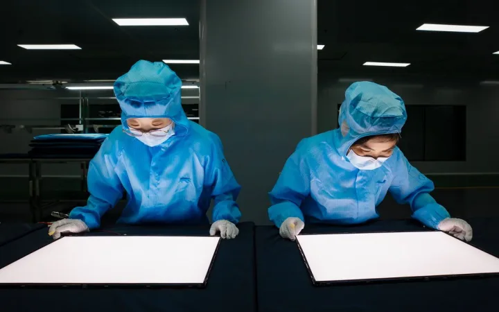 Employees work on the production line of the 15.6-inch portable AI monitors at a workshop of GEN Electronics in a Pan-Semiconductor Industrial Park.