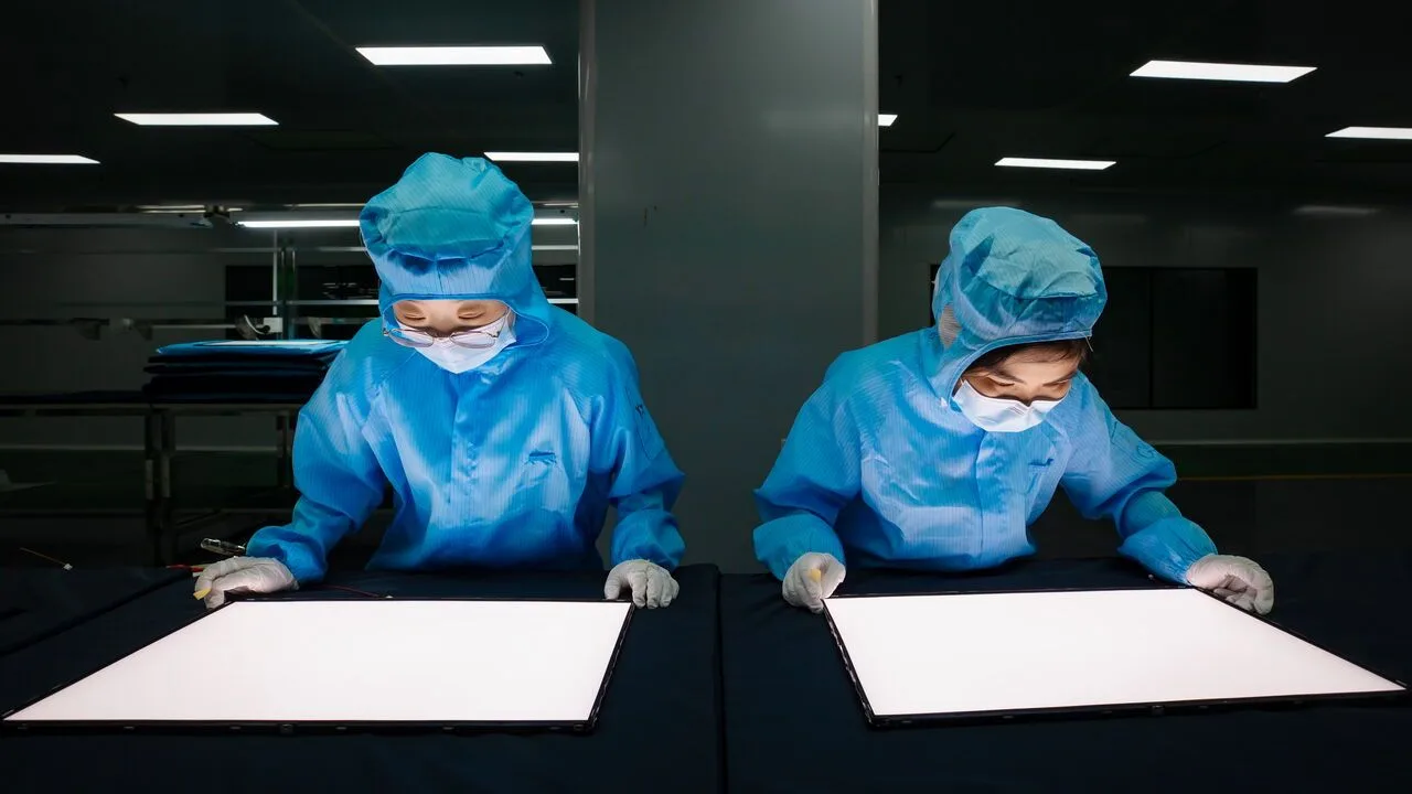 Employees work on the production line of 15.6-inch portable AI monitors at a workshop of GEN Electronics in a Pan-Semiconductor Industrial Park