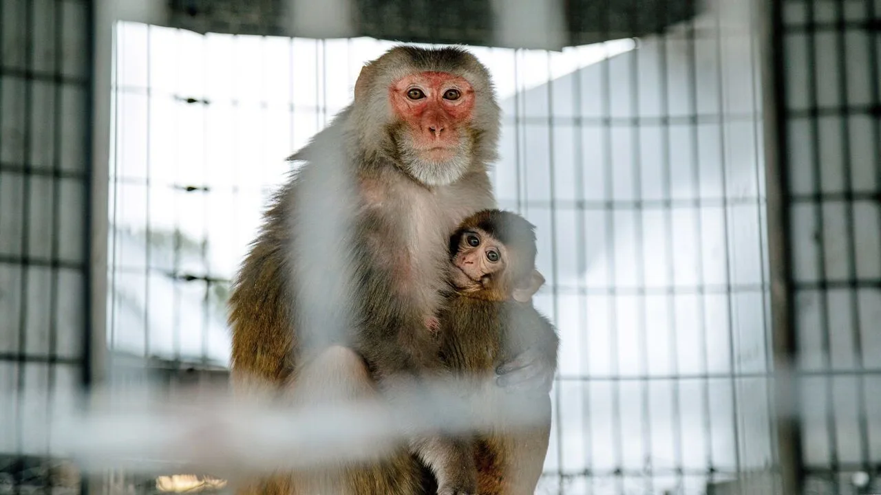 Pink-faced rhesus macaque monkeys at the Tulane University National Primate Research Center.