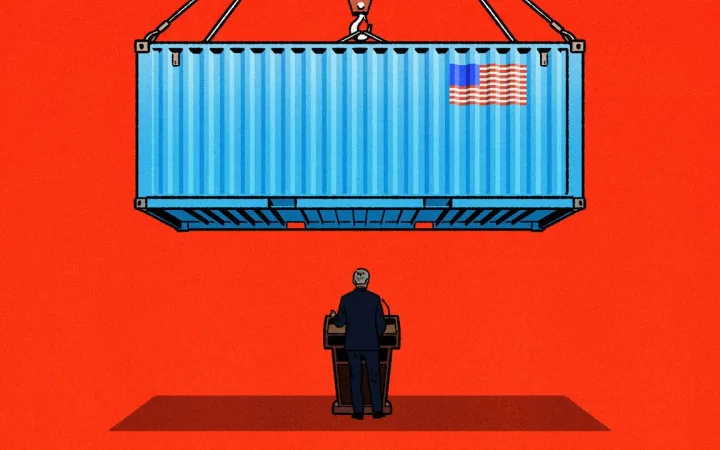 A figure stands beneath a suspended shipping container bearing an American flag, on a red background.