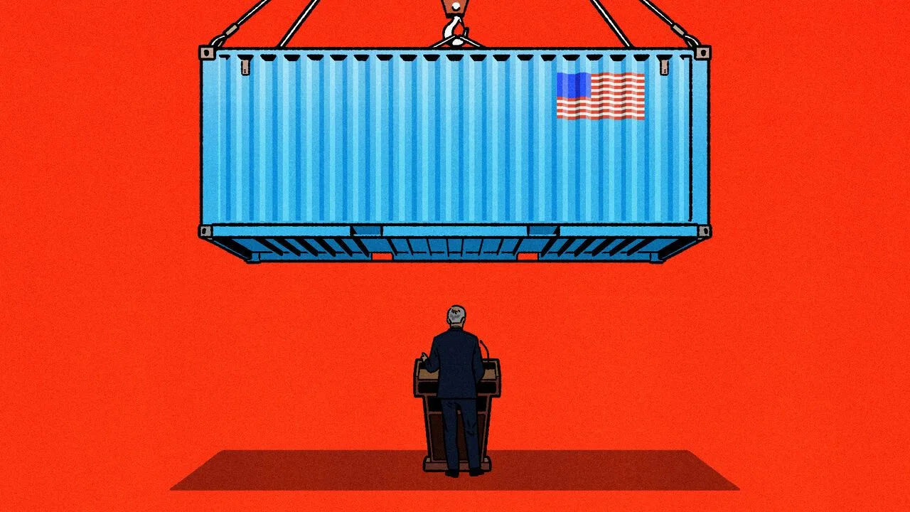 A figure stands beneath a suspended shipping container bearing an American flag, on a red background.