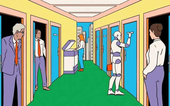 Illustration showing an AI robot knocking on various office doors