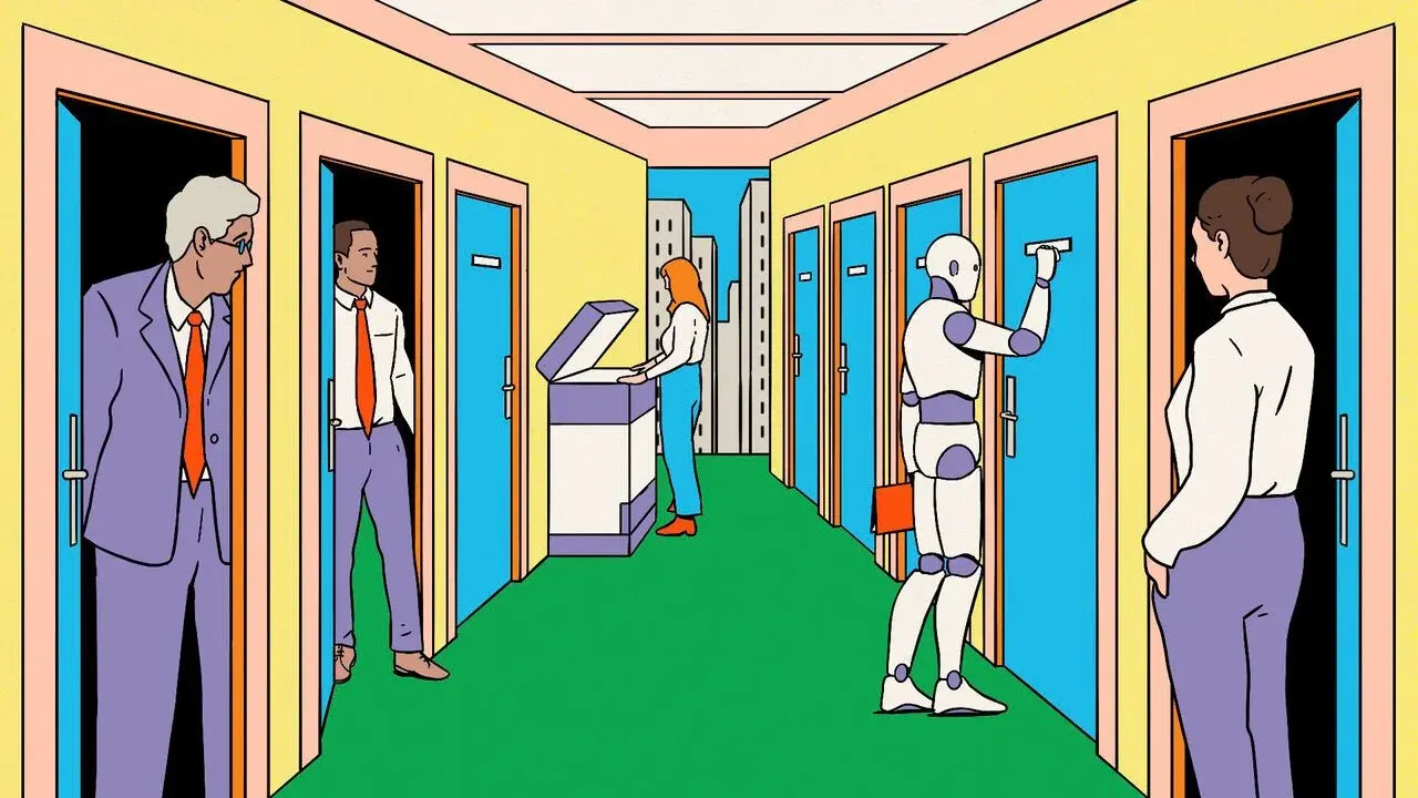 Illustration of an AI robot knocking on office doors, representing AI adoption beyond coding