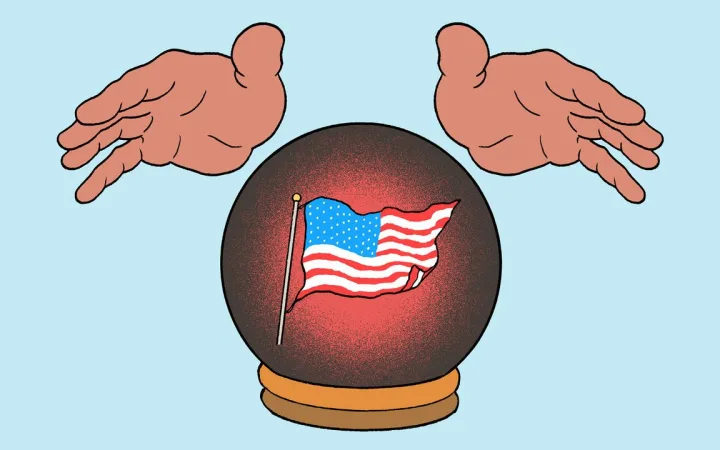 illustration of two hands hovering over a crystal ball with an American flag inside.