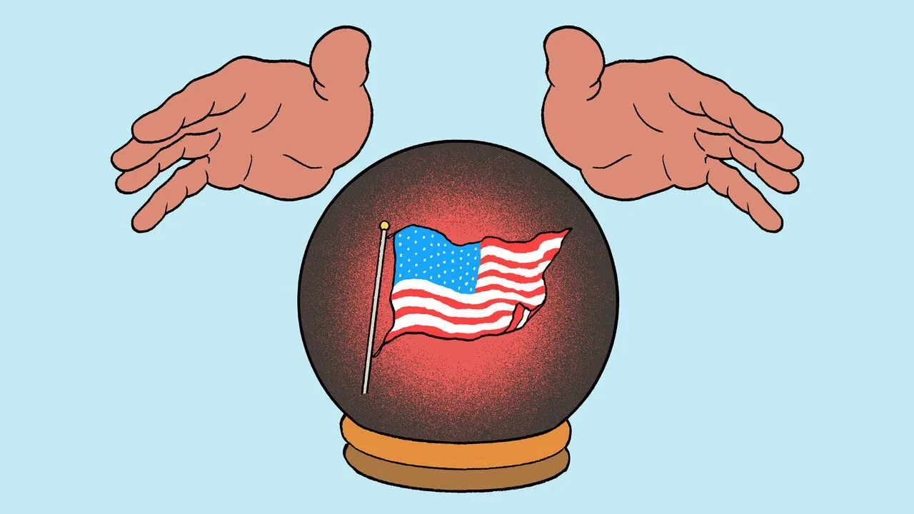 illustration of two hands hovering over a crystal ball with an American flag inside.