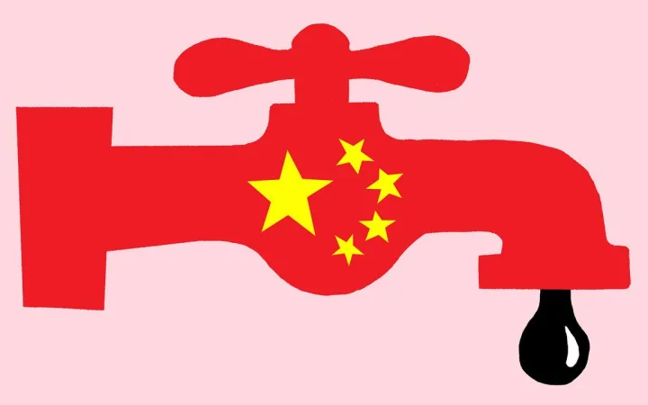 Illustration of a red tap decorated with the Chinese flag’s yellow stars, dripping a drop of oil