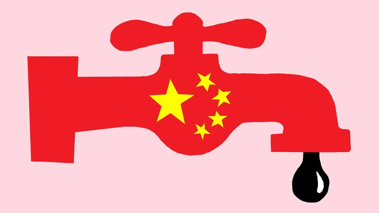 Illustration of a red tap decorated with the Chinese flag's yellow stars, dripping a drop of oil