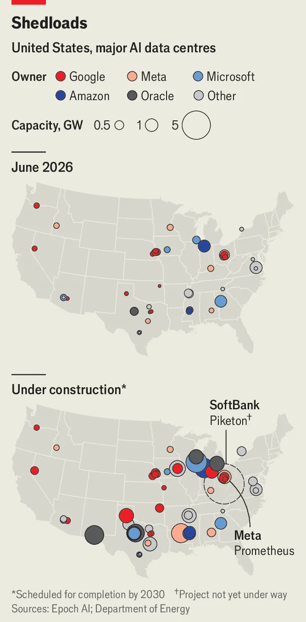 Map showing projected growth of AI data-centre computing capacity in America