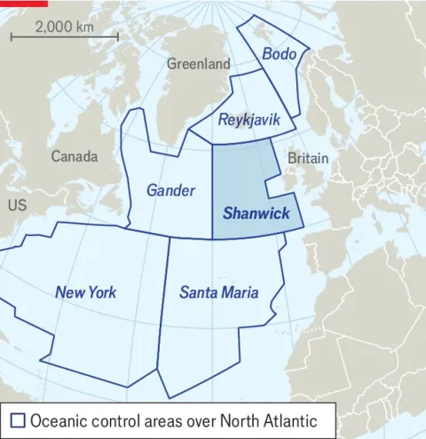 Mapa del espacio aéreo de Shanwick sobre el Atlántico Norte al oeste de las islas británicas