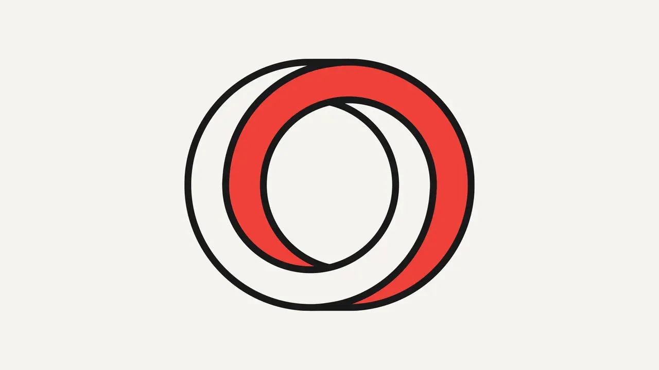Two interlocking circles in red and white, forming an infinity-like loop symbol.