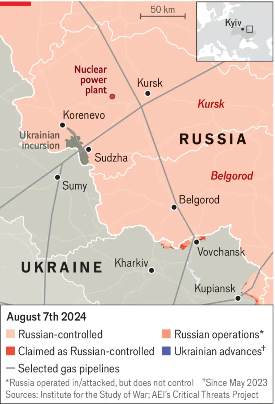 Map showing Ukrainian advance toward Sudzha and Korenevo in Russia's Kursk region