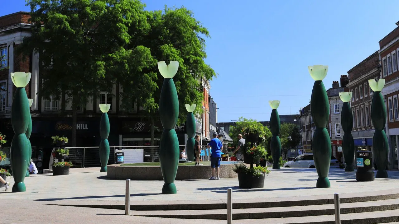 The Skittles sculptures, Warrington city centre, England