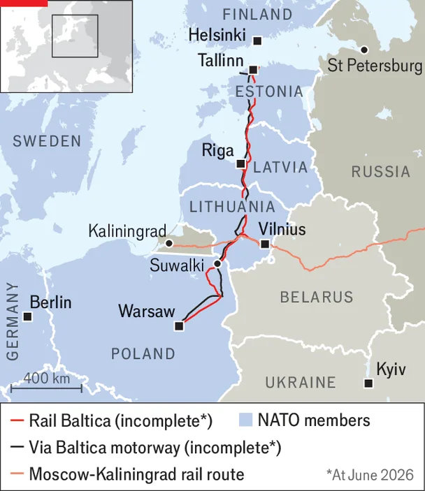 Map showing the Suwalki corridor between Belarus and Kaliningrad linking the Baltic states to Poland