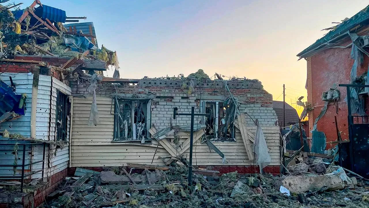 Damaged house in Kursk region after fighting, in a photo released by acting Governor Alexei Smirnov's Telegram channel