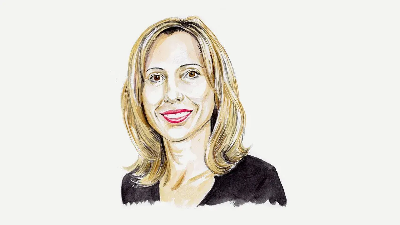 Illustrated portrait of a woman with shoulder-length blonde hair and a black top.