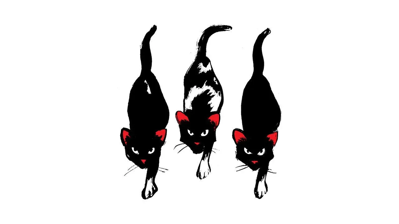 Three black cats with red eyes prowl forward in a stylised illustration.