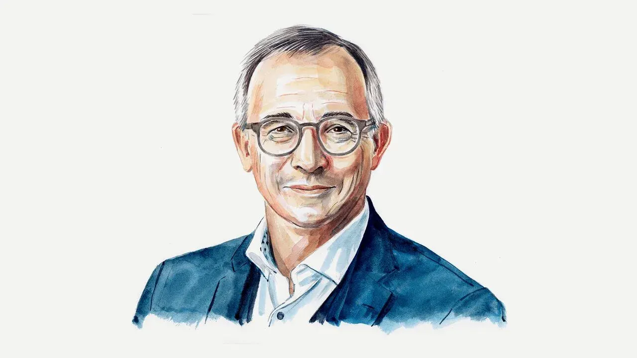 Illustrated portrait of a middle-aged man wearing glasses and a blue blazer.