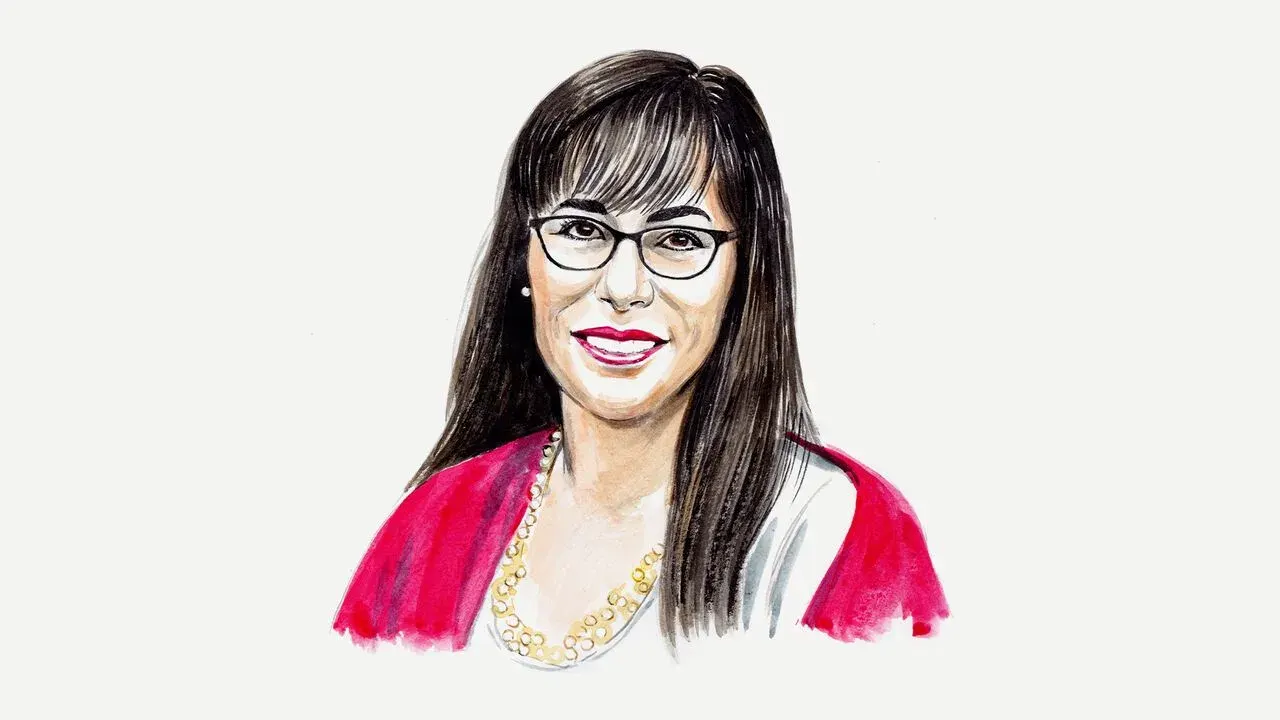 Illustrated portrait of a woman with dark hair, glasses, red jacket and gold necklace