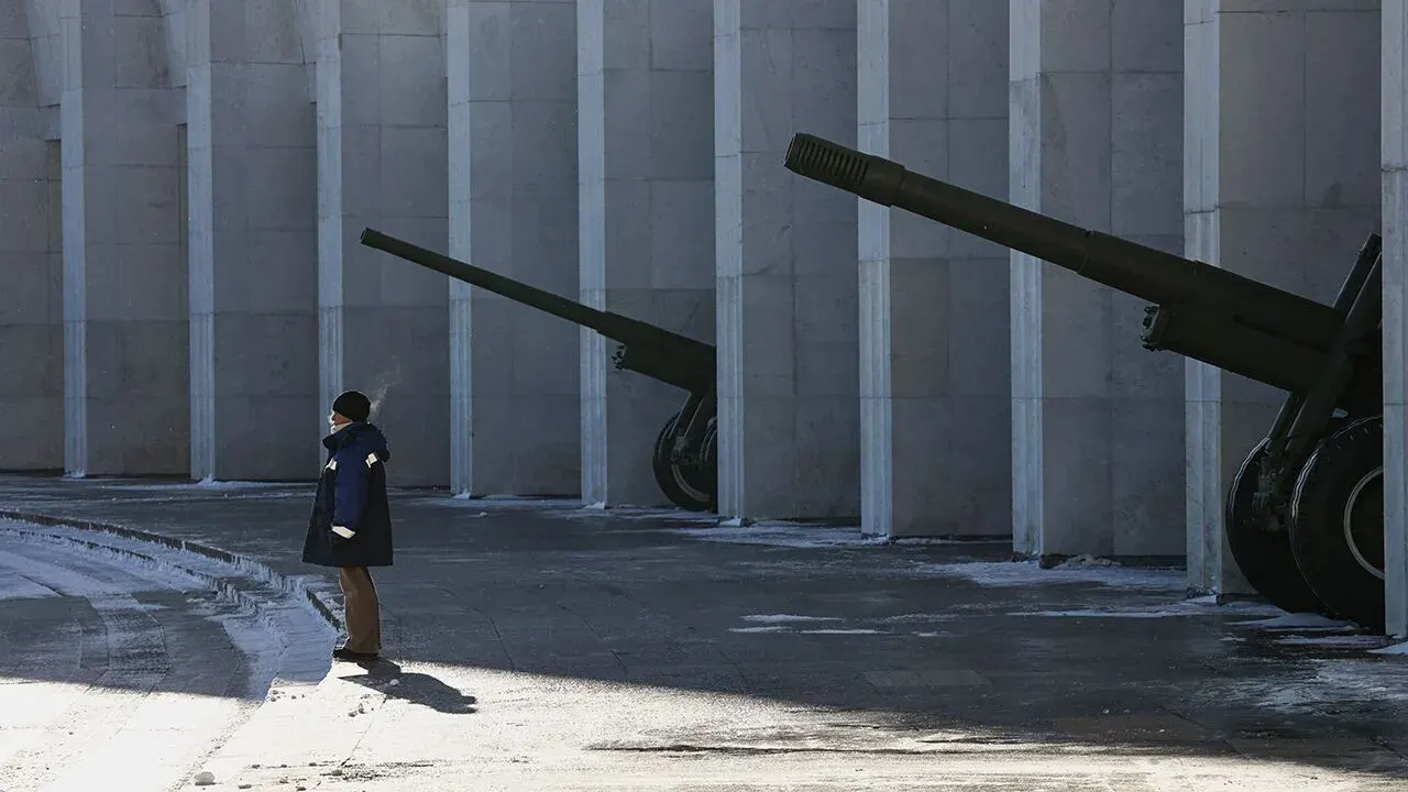 WWII field guns stand outside the Victory Museum in Poklonnaya Gora Victory Park
