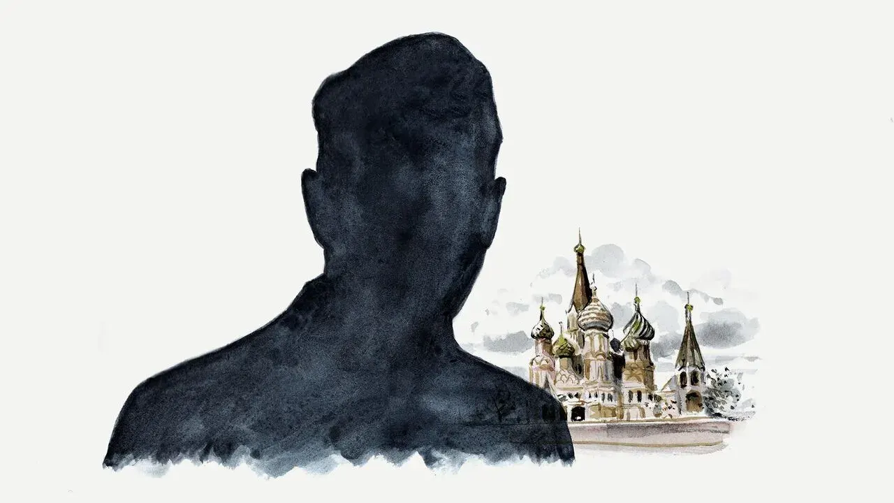 Dark silhouette of a man's head beside an illustration of Saint Basil's Cathedral, Moscow.
