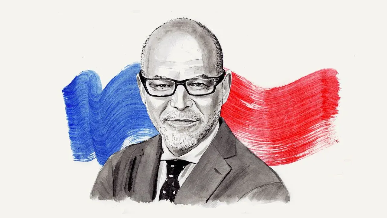 Illustrated portrait of a suited man wearing glasses, set against a French tricolour background.