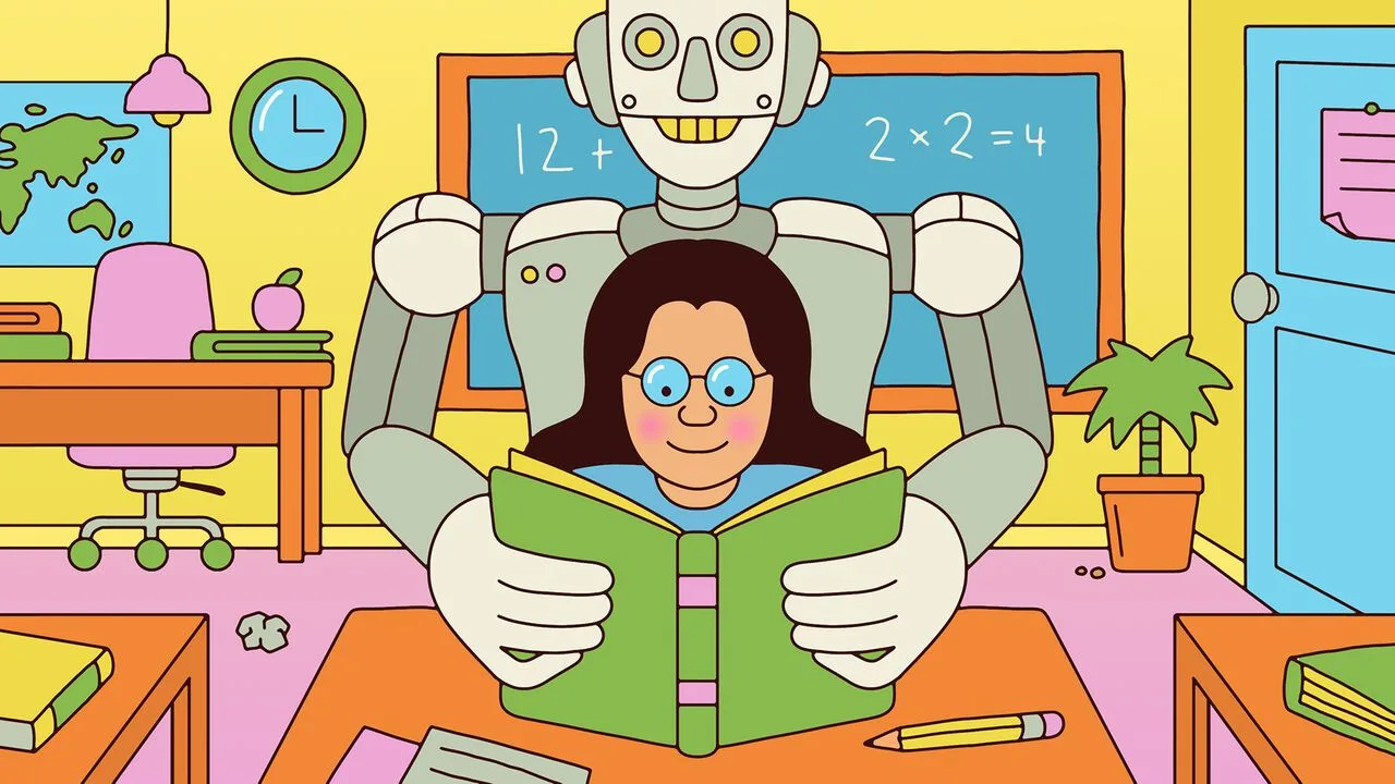 An illustration of a girl happily studying in a classroom with a gentle, caring personalised AI robot teacher.