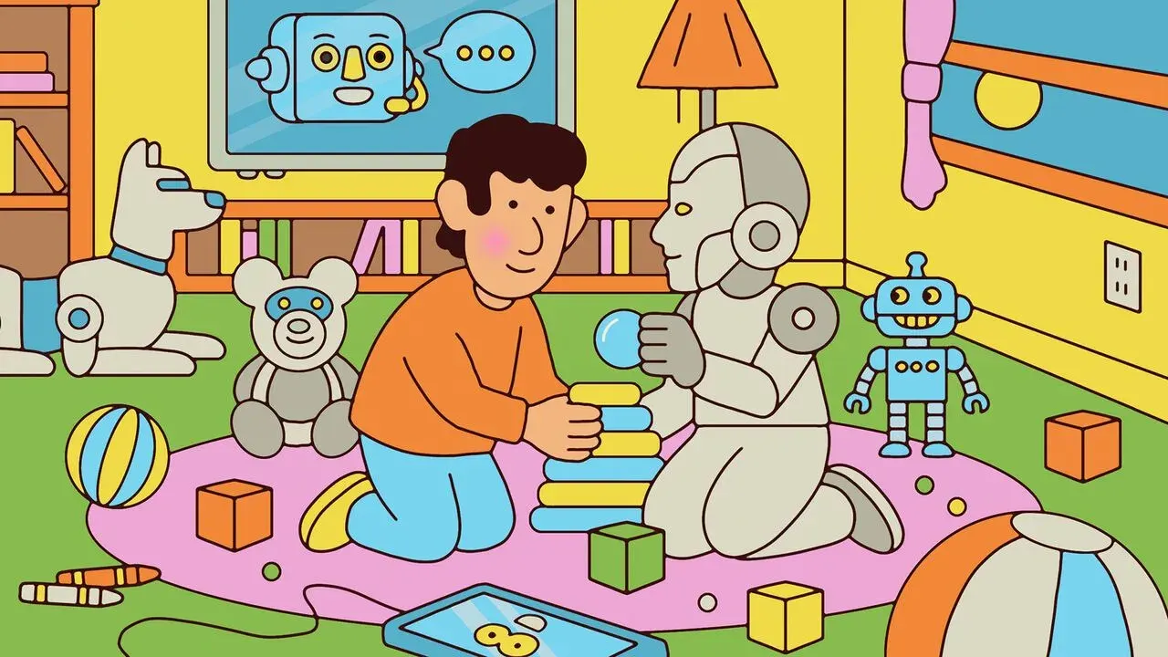An illustration of a boy playing with a robot at home, surrounded by AI-powered devices, toys and a robot pet.