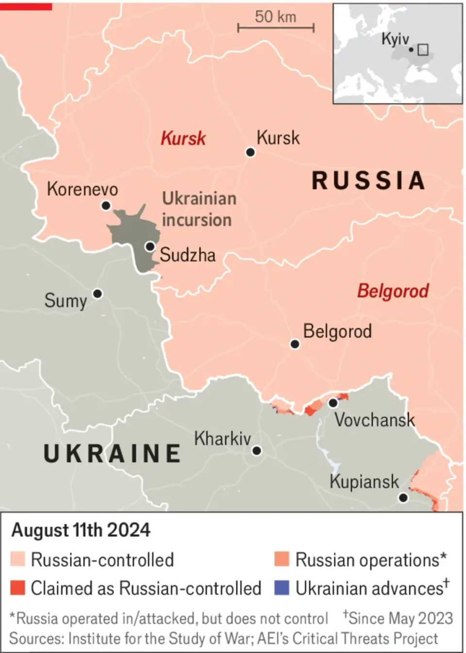 Mapa del avance ucraniano hacia Kursk