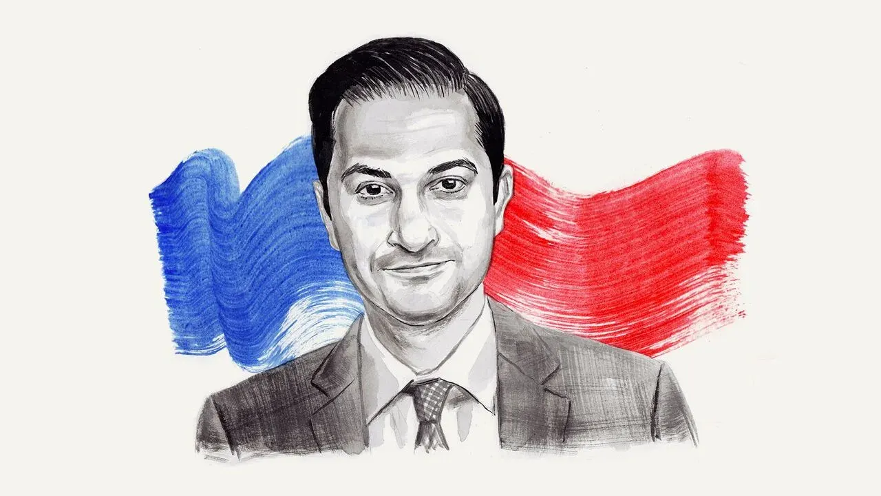 Illustrated portrait of a man before a French flag, suggesting political significance.