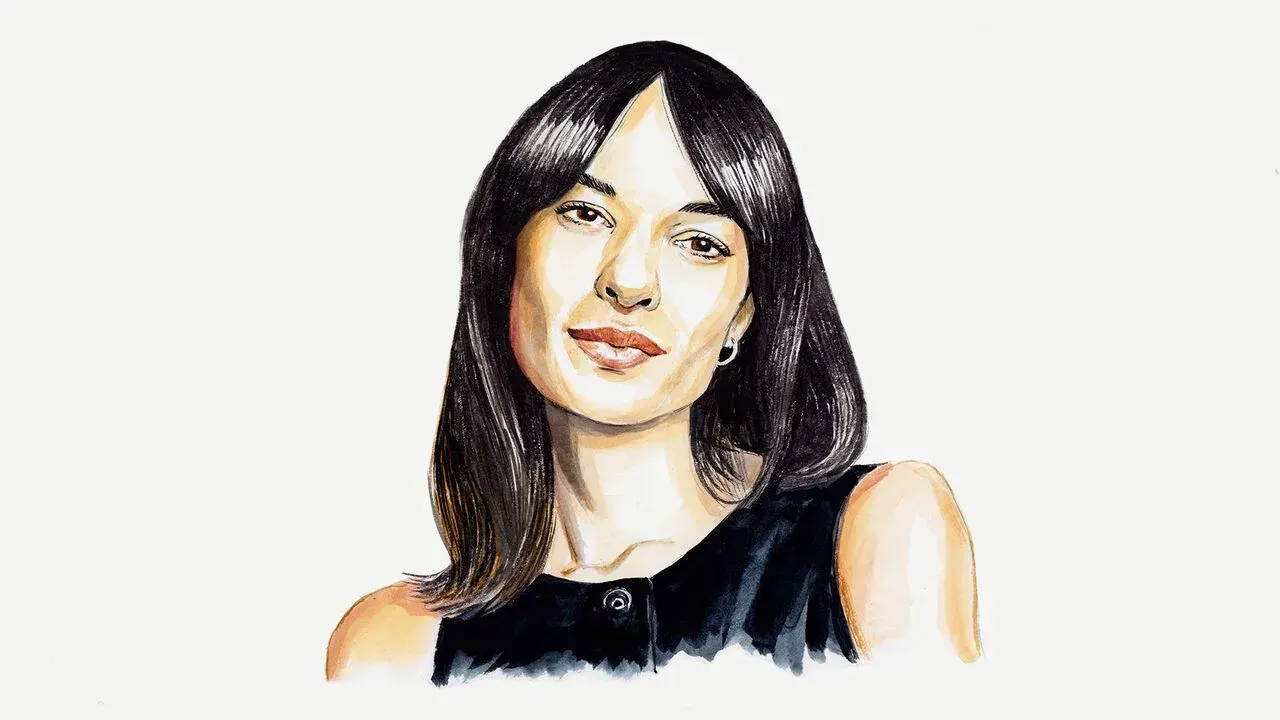 Illustrated portrait of a dark-haired woman in a black top, rendered in watercolour style.
