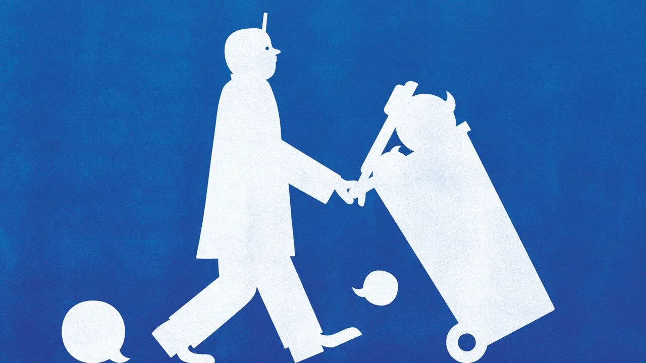 Illustration of a doctor pushing a bin full of speech bubbles.